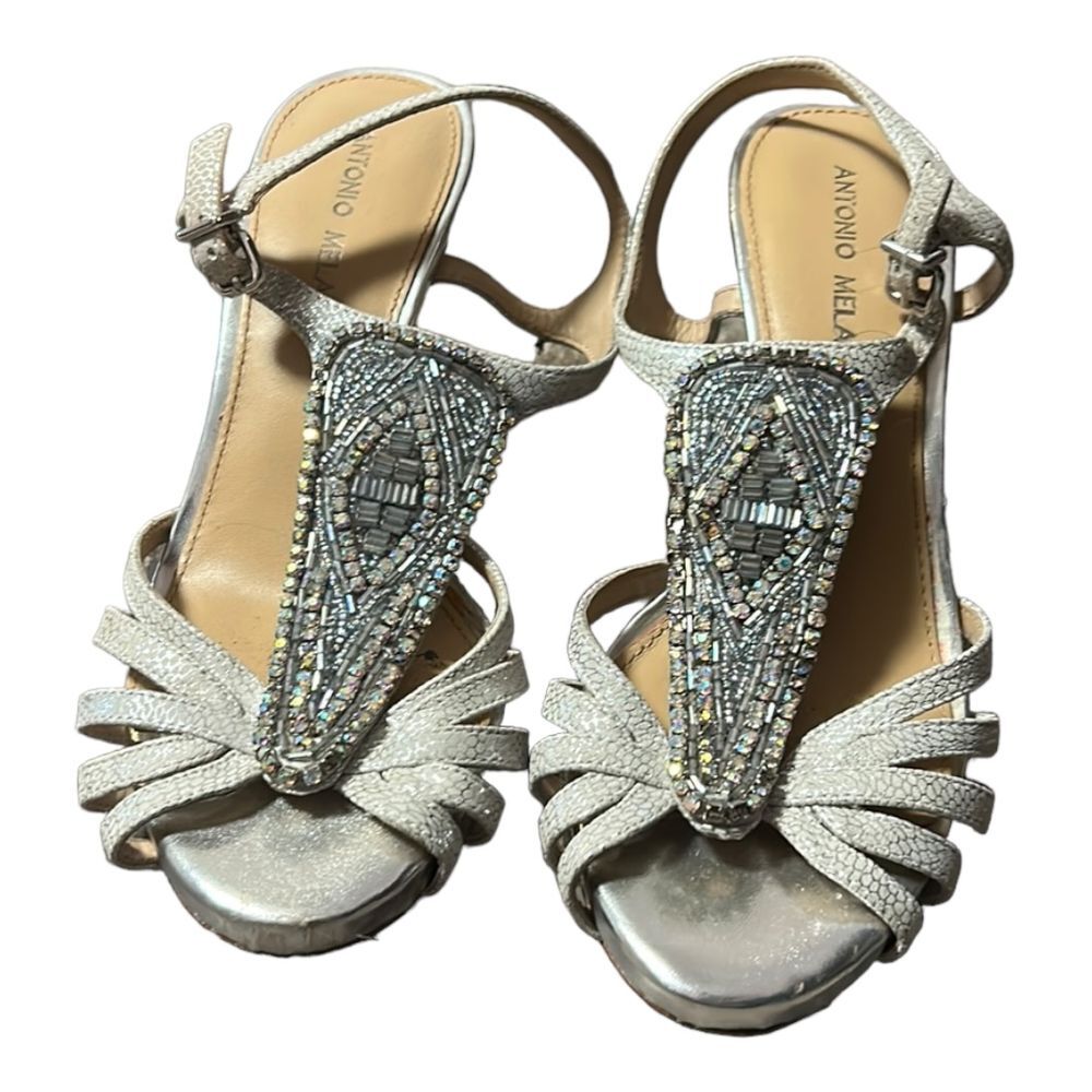 Antonio Melani‎ Beaded Silver Strappy Sandals Elegant Evening Heels